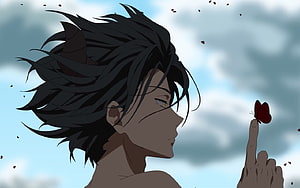 Anime Boy With Horns And Red Butterfly In Profile HD wallpaper