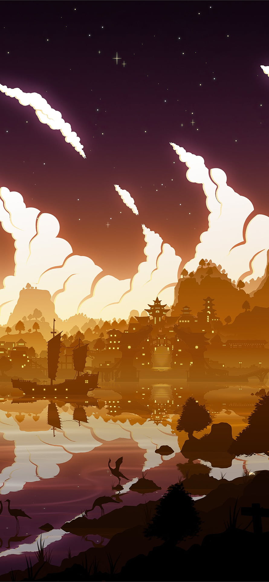 Silhouette of ancient Asian village with pagodas and ships at sunset reflecting in water under starry sky HD phone wallpaper