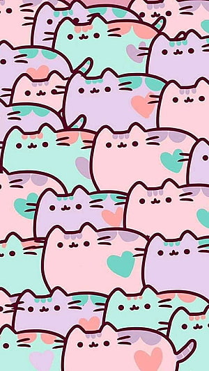 Pastel Kawaii Cat Pattern with Hearts and Soft Colors HD phone wallpaper