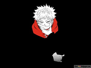 Gojo Satoru from Jujutsu Kaisen anime character illustration with red collar and hand gesture on black background HD wallpaper