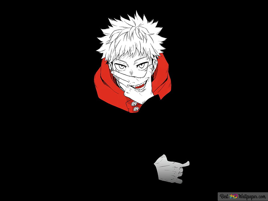 Gojo Satoru from Jujutsu Kaisen anime character illustration with red collar and hand gesture on black background HD wallpaper