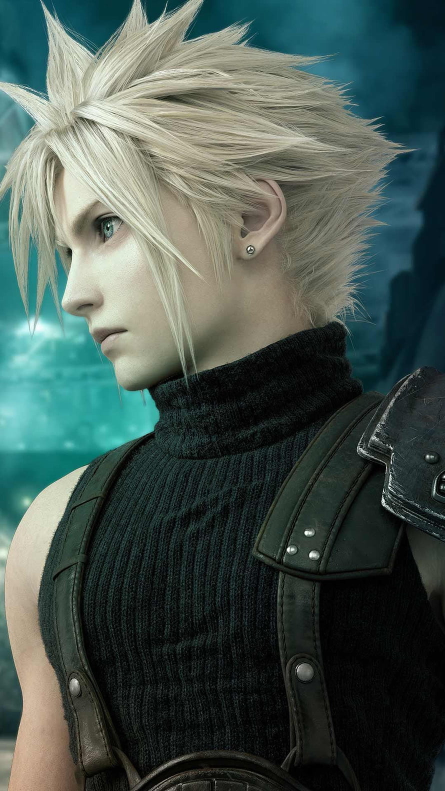 Cloud Strife from Final Fantasy VII Remake in a moody teal-lit profile portrait HD phone wallpaper