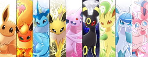 Complete Eevee Evolution Lineup Featuring Vaporeon, Jolteon, Flareon, Espeon, Umbreon, Leafeon, Glaceon, and Sylveon HD wallpaper