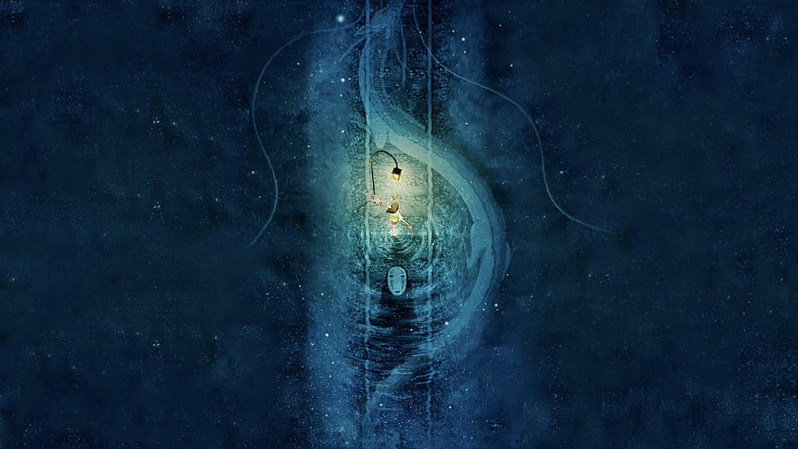 Whimsical Illustration of a Girl Standing on a Glowing Path in a Dark Blue Night Sky HD wallpaper