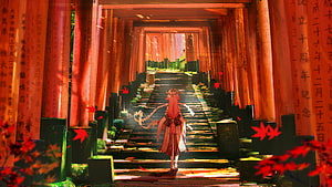 Anime girl walking through a tunnel of red torii gates with falling maple leaves HD wallpaper