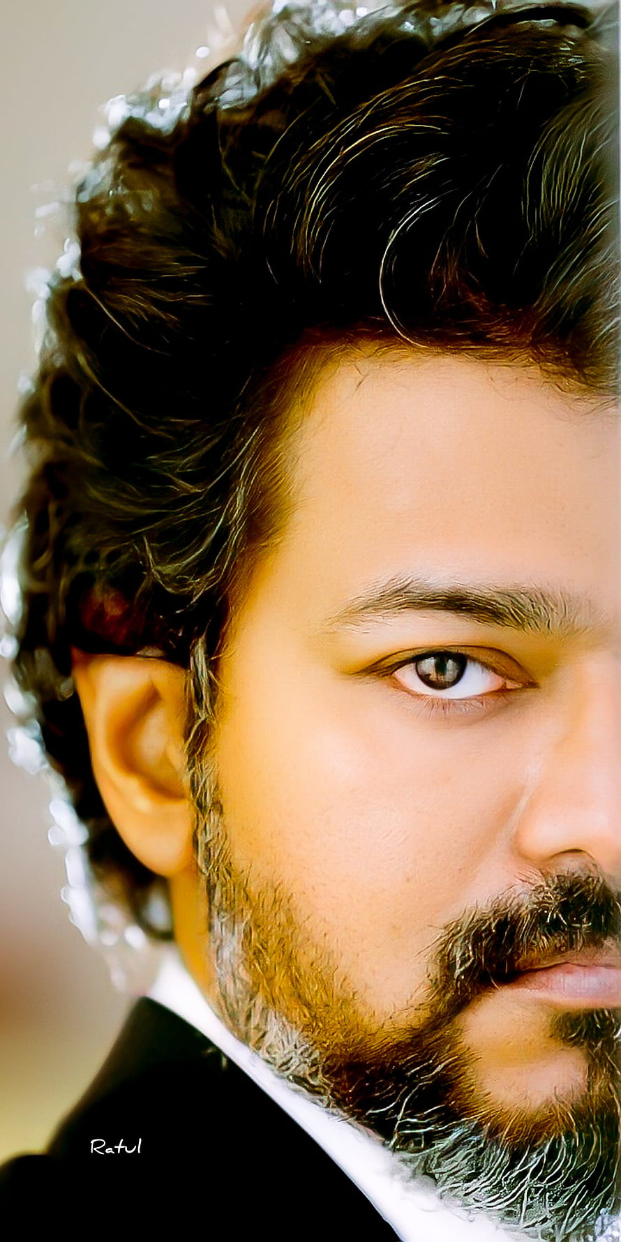 Thalapathy Vijay Close-Up Portrait With Intense Gaze And Styled Beard HD phone wallpaper