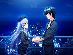Anime Couple Holding Hands on a Rooftop at Night with City Lights HD wallpaper