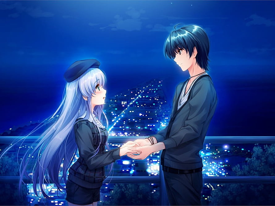 Anime Couple Holding Hands on a Rooftop at Night with City Lights HD wallpaper