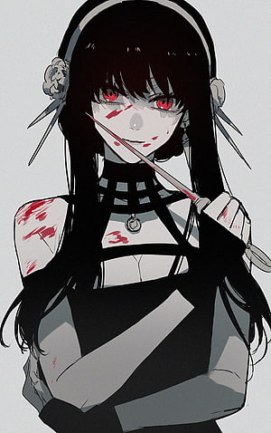 Yor Forger from Spy x Family in a dark gothic outfit holding a bloodied blade HD phone wallpaper