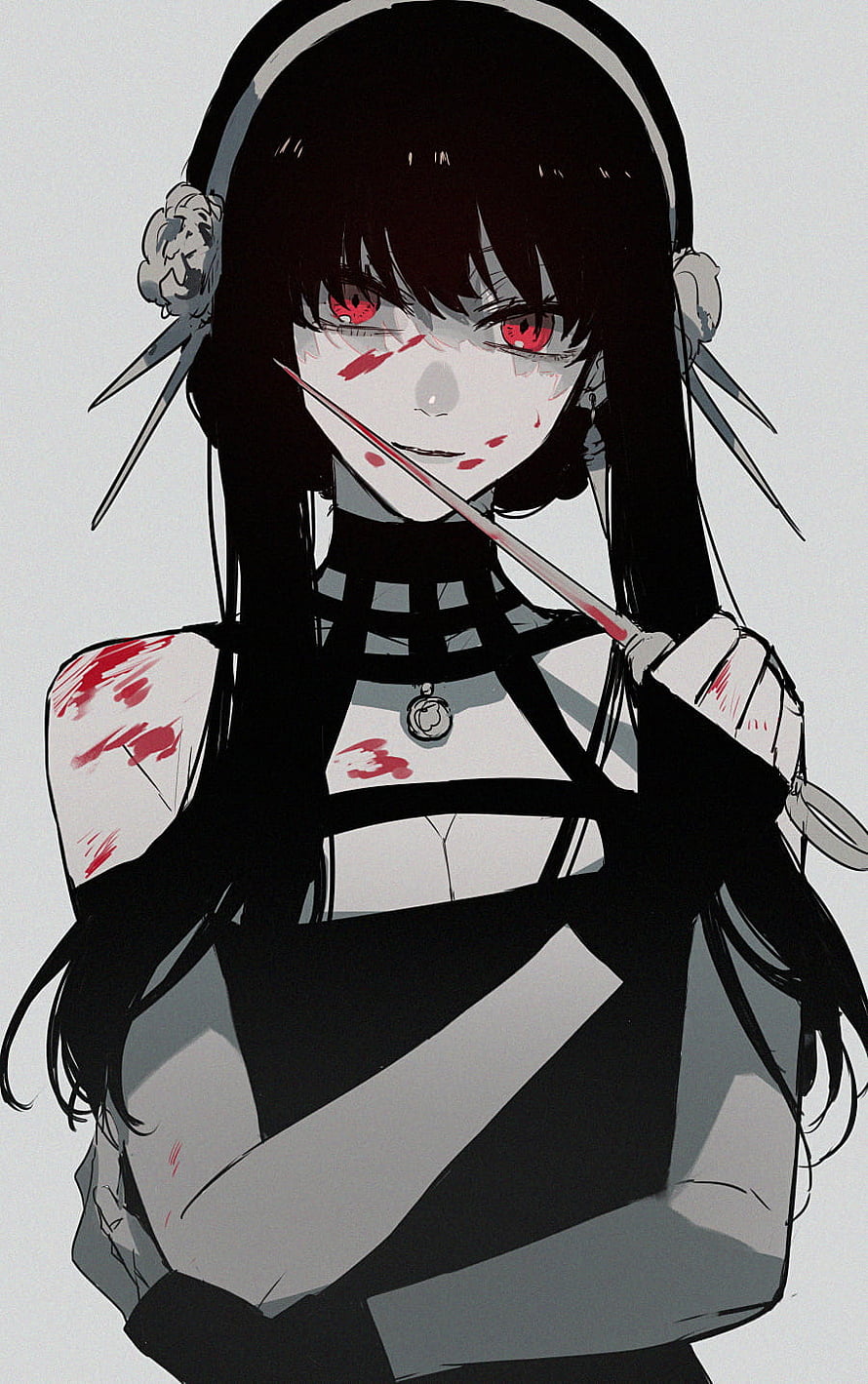 Yor Forger from Spy x Family in a dark gothic outfit holding a bloodied blade HD phone wallpaper
