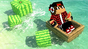 Minecraft Character Relaxing in a Boat with Floating Watermelons HD wallpaper