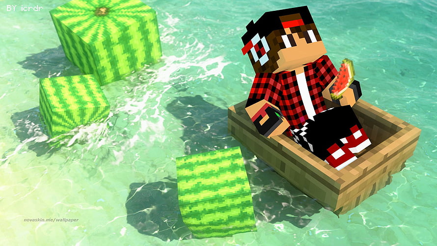 Minecraft Character Relaxing in a Boat with Floating Watermelons HD wallpaper