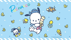 Pochacco Summer Beach Scene with Ice Cream and Friends on Light Blue Background HD wallpaper