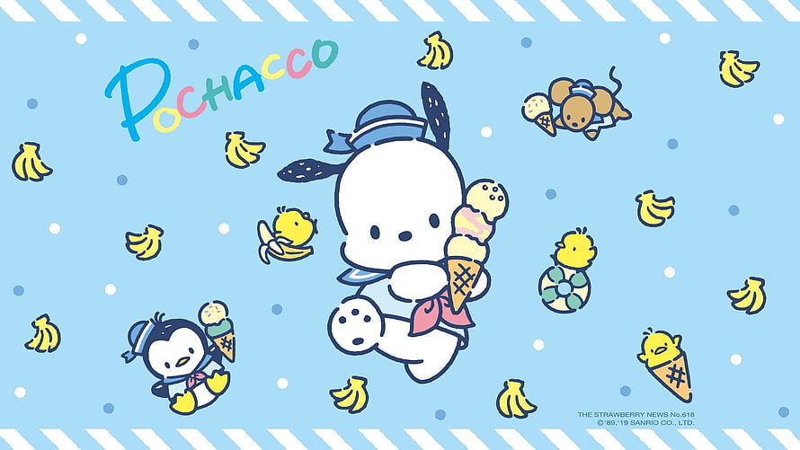 Pochacco Summer Beach Scene with Ice Cream and Friends on Light Blue Background HD wallpaper