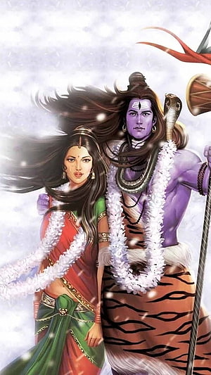 Shiva and Parvati standing together in snow with trident and tiger skin HD phone wallpaper
