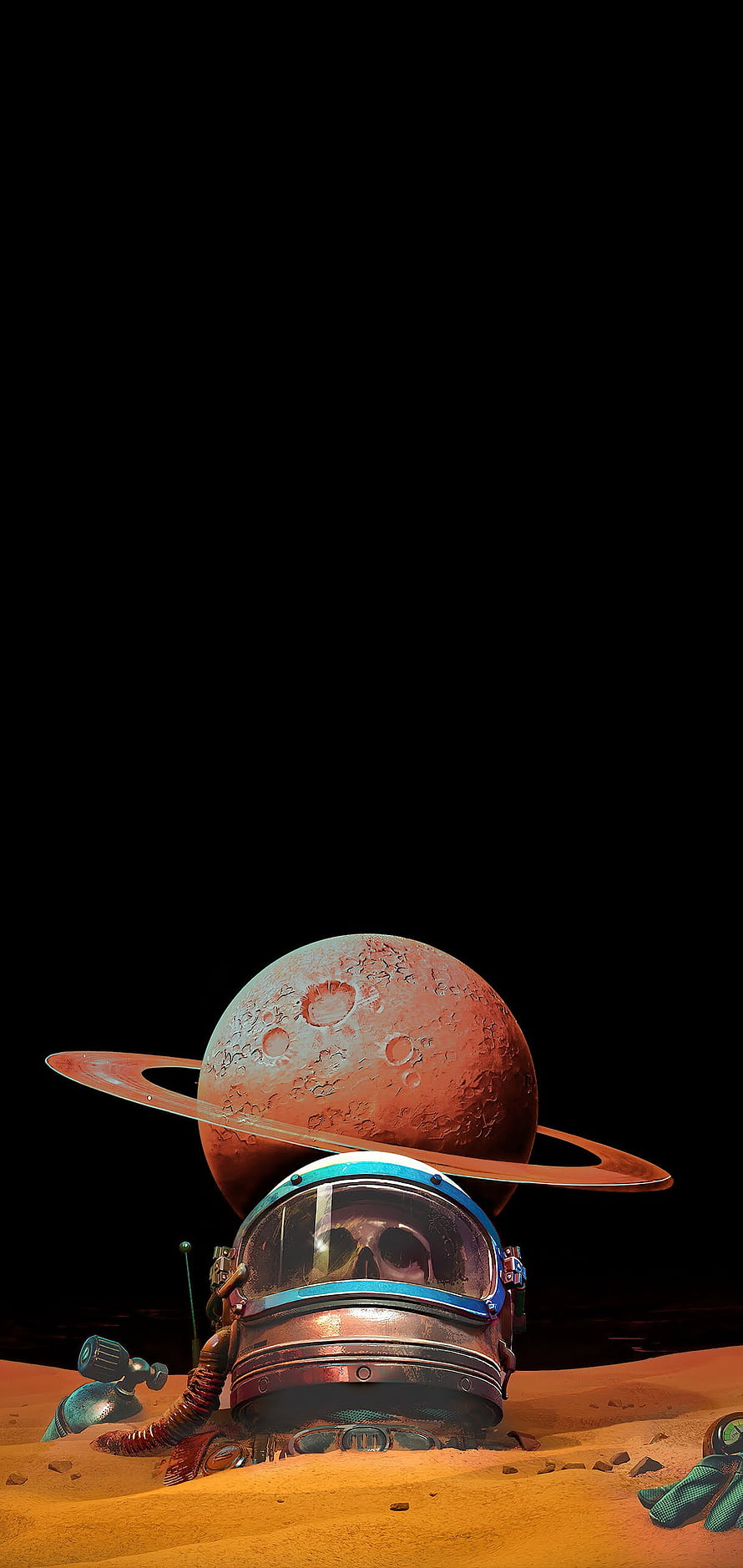 Astronaut Helmet Buried in Sand with Ringed Planet in Space HD phone wallpaper