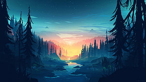Serene Digital Art of a Twilight Forest River Valley with Pine Trees and Distant Mountains HD wallpaper