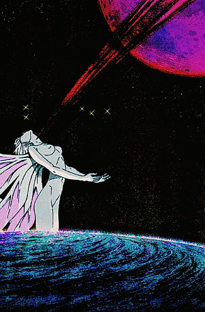 Neon Genesis Evangelion Manga Style Illustration of a Winged Figure Reaching Toward a Cosmic Planet HD phone wallpaper