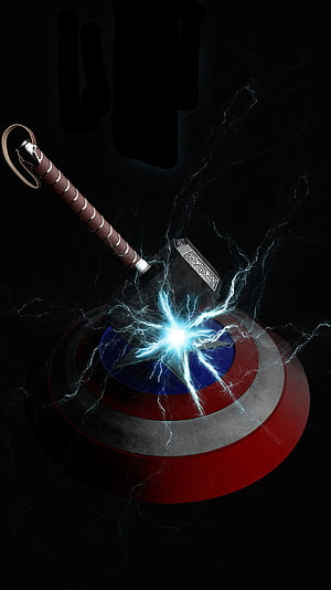 Mjolnir Hammer Striking Captain America Shield With Electric Arcs HD phone wallpaper