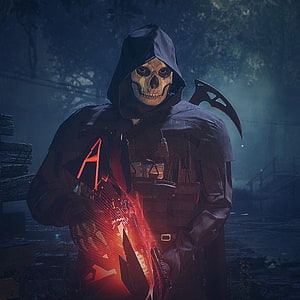 Ghost Azrael from Call of Duty Zombies in a dark tactical setting with a glowing red weapon HD phone wallpaper