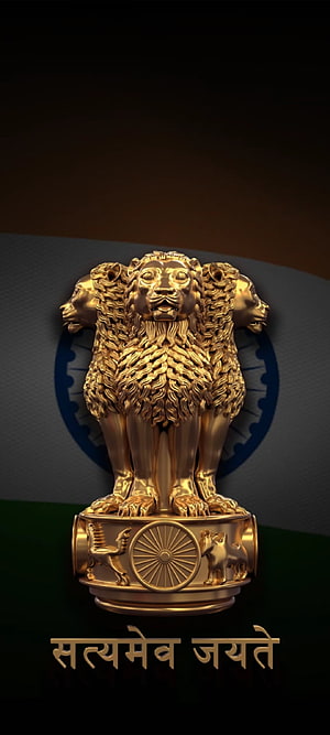 Golden Lion Capital of Ashoka Emblem with Indian Flag Background and Satyameva Jayate Motto HD phone wallpaper