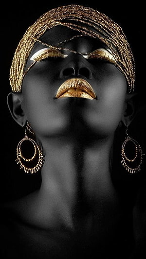 Elegant Portrait of Woman with Gold Beaded Headpiece and Metallic Makeup, Golden make up by georgekev - 17 now. Browse millions of popular afri. Black women art, Female art, Modern art canvas painting, African American Woman HD phone wallpaper