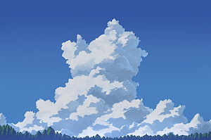 Pixel Art Sky With Fluffy Cumulus Clouds And Forest Silhouette HD wallpaper