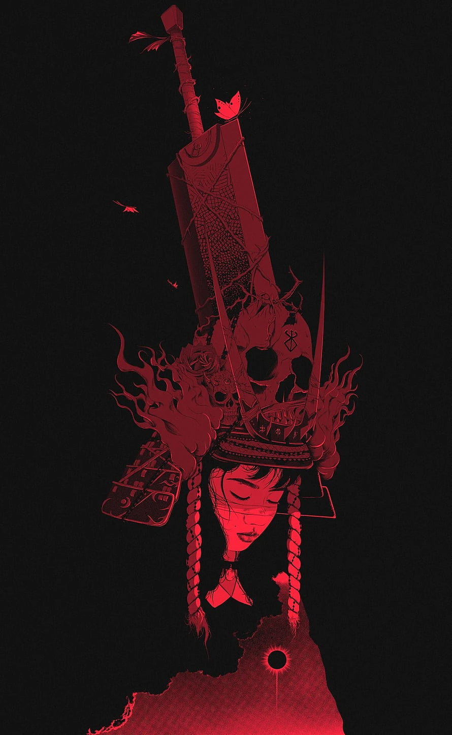 Red and Black Anime Girl Samurai Warrior with Skull Helmet and Katana Sword HD phone wallpaper