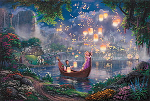 Thomas Kinkade Disney City Fantasy Painting with Floating Lanterns and Castle HD wallpaper