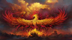 Majestic Golden Phoenix Rising From Flames Fantasy Art Wallpaper HD wallpaper