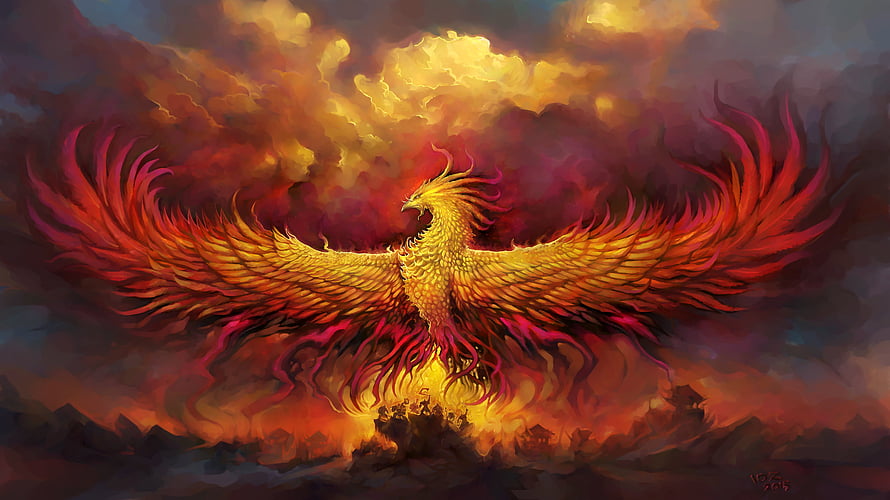 Majestic Golden Phoenix Rising From Flames Fantasy Art Wallpaper HD wallpaper