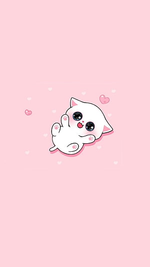 Cute Kawaii White Kitten Lying Down with Floating Hearts on Soft Pink Background HD phone wallpaper