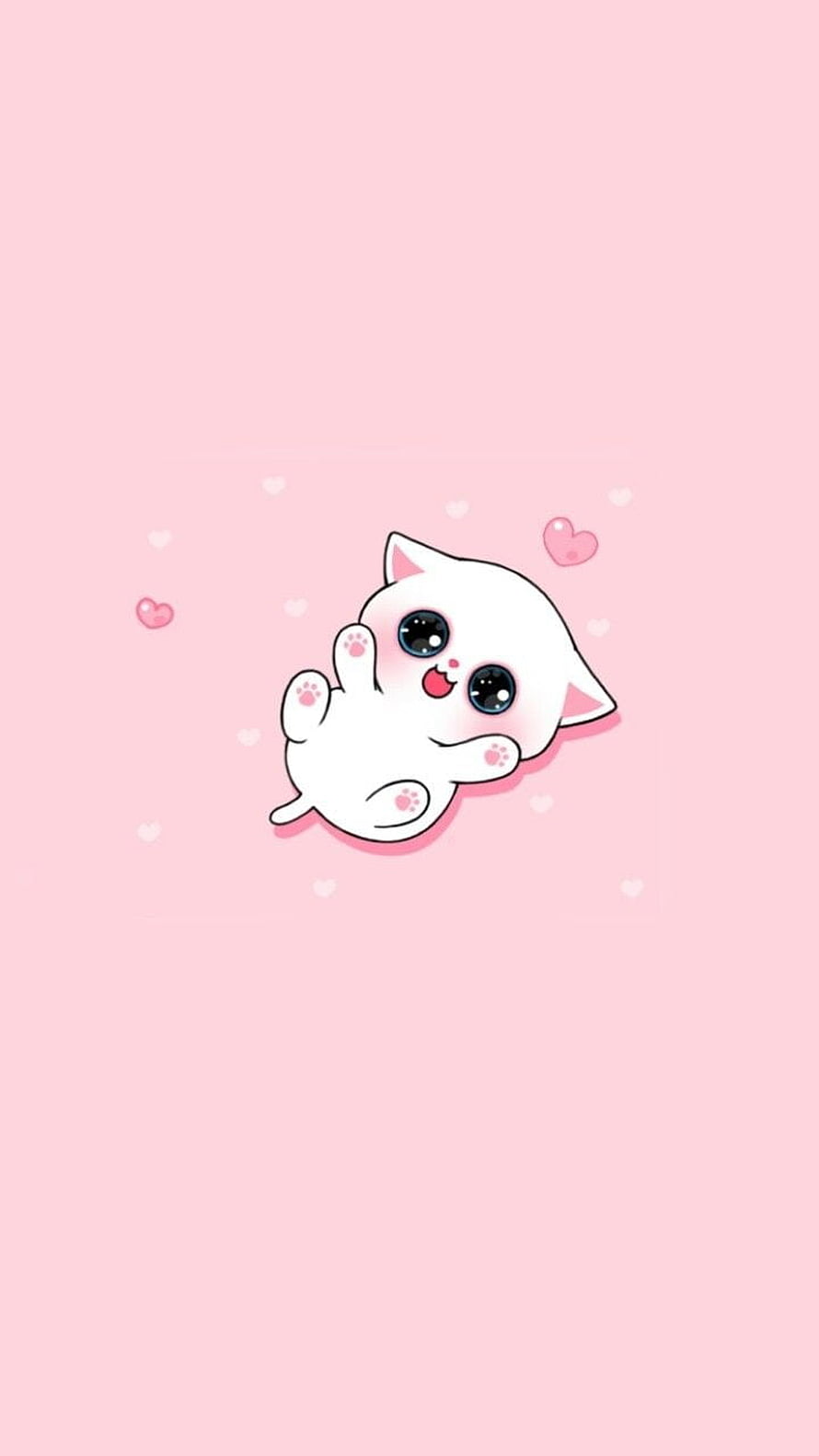 Cute Kawaii White Kitten Lying Down with Floating Hearts on Soft Pink Background HD phone wallpaper