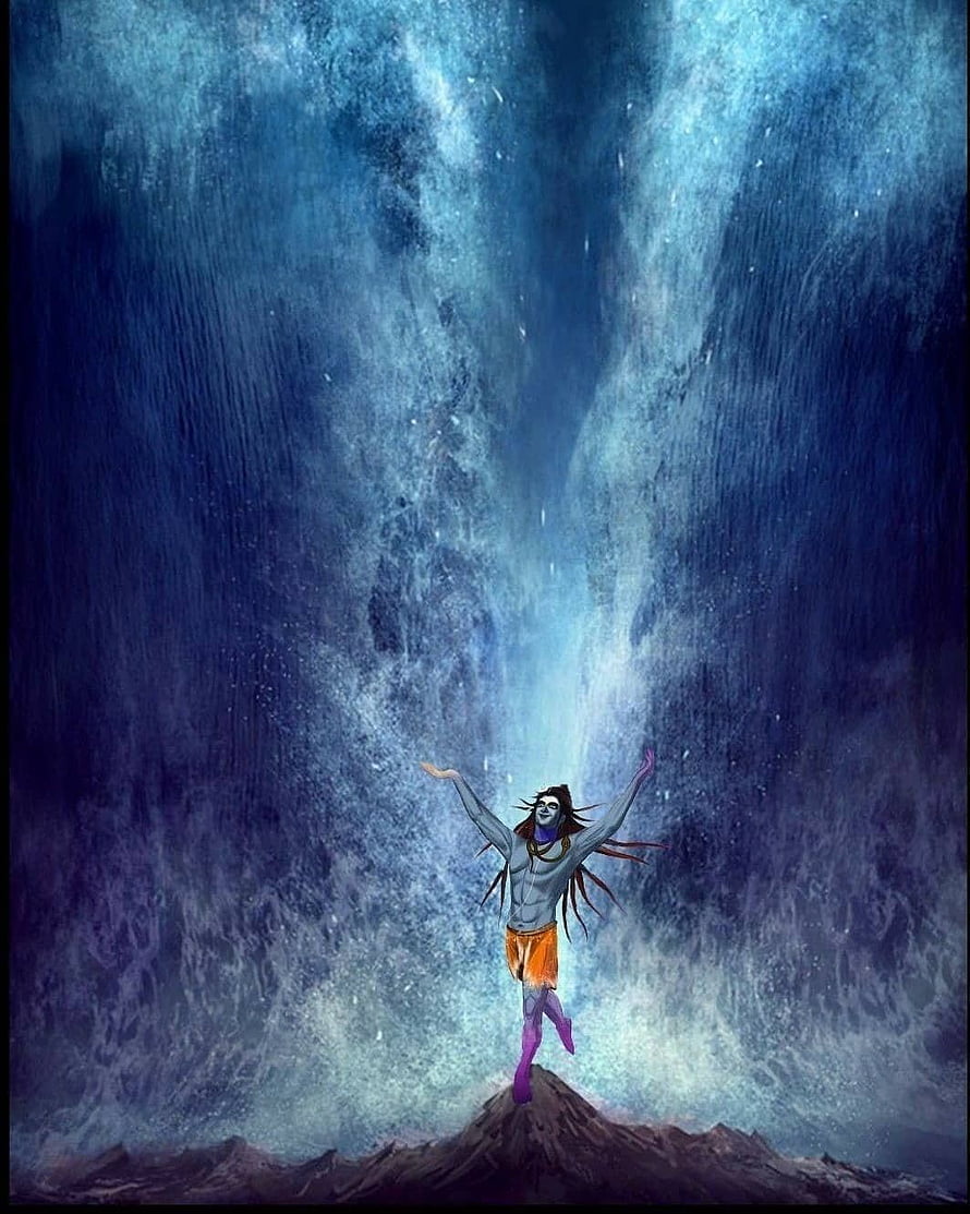 Lord Shiva Standing on Rock in Front of Massive Waterfall with Arms Raised HD phone wallpaper