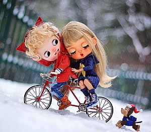 Cute Doll Couple Riding a Red Bicycle in the Snow with a Small Dog HD wallpaper
