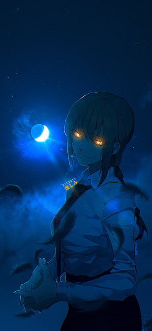 Anime Girl With Glowing Red Eyes Under Blue Moonlight Night Sky HD phone wallpaper