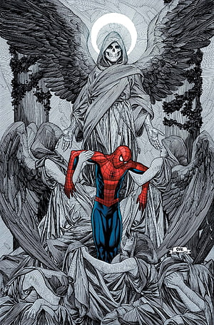 Spider-Man Standing Before a Skeletal Angel in Intricate Black and White Comic Art, spiderman marvel comics High Quality, Spiderman Art HD phone wallpaper
