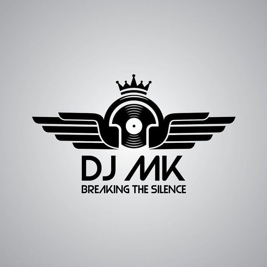 DJ MK Monogram Logo with Crown, Headphones, Vinyl Record, and Wings on Gray Background HD phone wallpaper