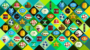 Super Mario Bros Icon Pattern Wallpaper Featuring Classic Power-Ups and Enemies HD wallpaper