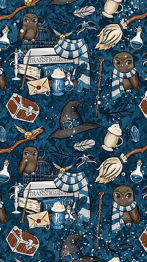 Harry Potter Ravenclaw Winter Pattern with Owls, Books, and Magical Items HD phone wallpaper