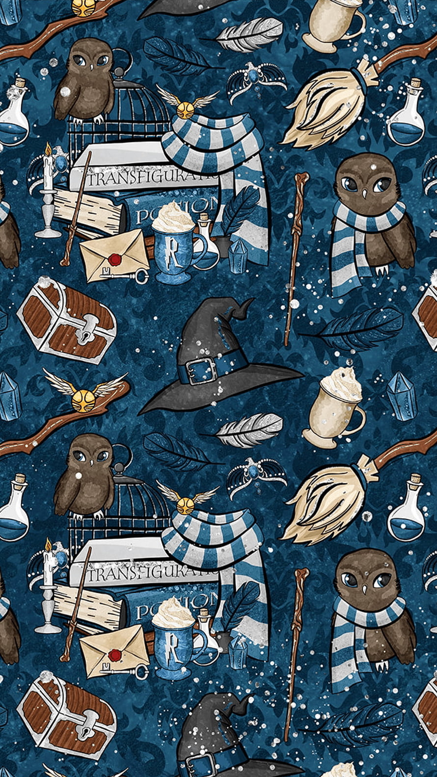 Harry Potter Ravenclaw Winter Pattern with Owls, Books, and Magical Items HD phone wallpaper