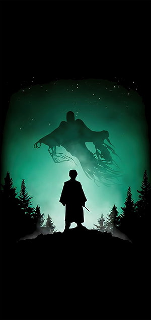 Silhouette of a warrior facing a giant spectral entity in a dark forest with teal aurora HD phone wallpaper
