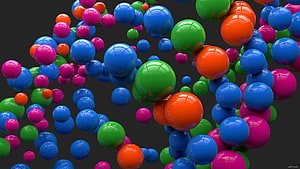 Vibrant 3D Render of Glossy Multicolored Spheres Floating in Dark Space HD wallpaper
