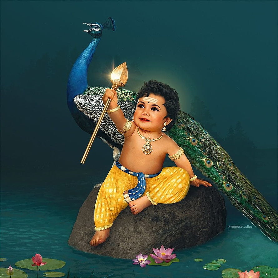 Baby Krishna Sitting on Rock with Peacock and Lotus Flowers HD phone wallpaper