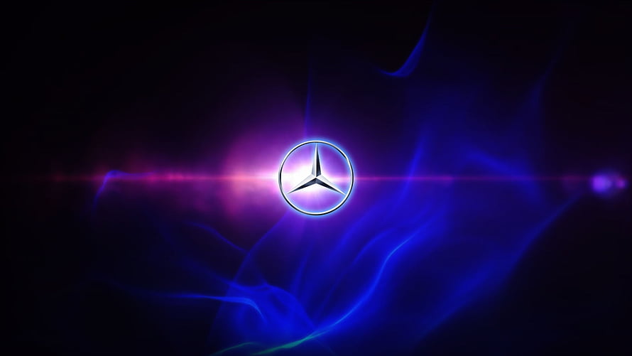 Glowing Mercedes-Benz Emblem Against Electric Blue and Purple Smoke HD wallpaper