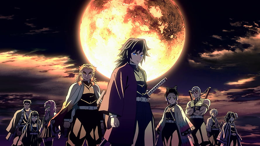Demon Slayer Hashira Group Standing Before Giant Blood Moon Anime Wallpaper HD wallpaper