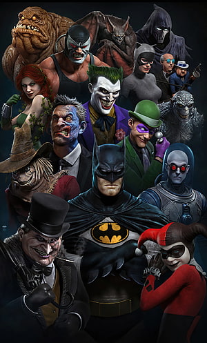 Batman and the entire Gotham rogues gallery including Joker, Harley Quinn, Penguin, and Riddler in a dramatic group portrait, Batman The Animated Series Superheroes , , Background, and, Animation HD phone wallpaper