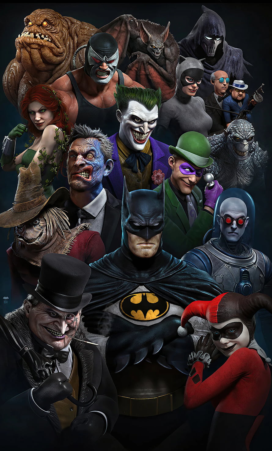 Batman and the entire Gotham rogues gallery including Joker, Harley Quinn, Penguin, and Riddler in a dramatic group portrait, Batman The Animated Series Superheroes , , Background, and, Animation HD phone wallpaper