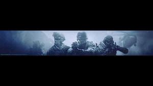 Three soldiers in tactical gear advancing through a foggy battlefield with a helicopter in the background HD wallpaper