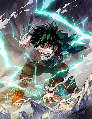 Izuku Midoriya in Dark Hero Costume with Green Lightning and Red Veins HD phone wallpaper